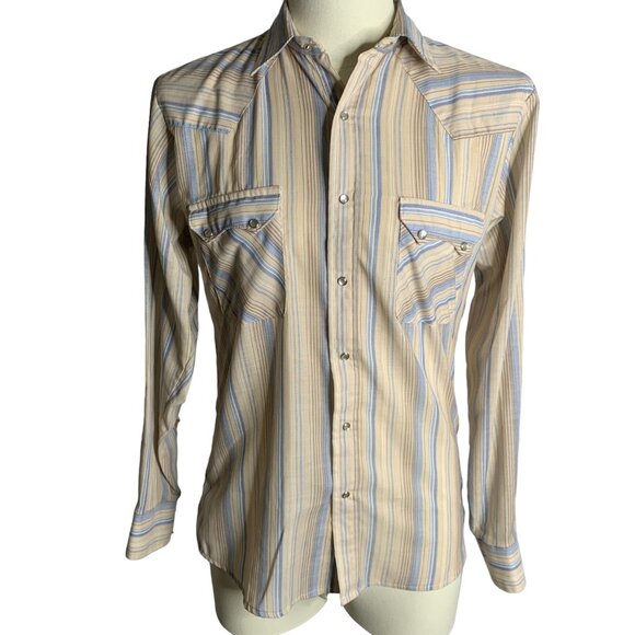 Vintage 80s Brittania Western Pearl Snap Shirt M Tan Stripe Pockets Saw Tooth - Picture 1 of 6
